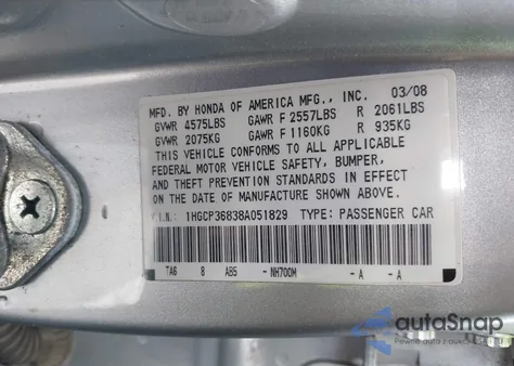 2008 Honda Accord 3.5 Ex-L из США, поврежденный, VIN 1HGCP36838A051829